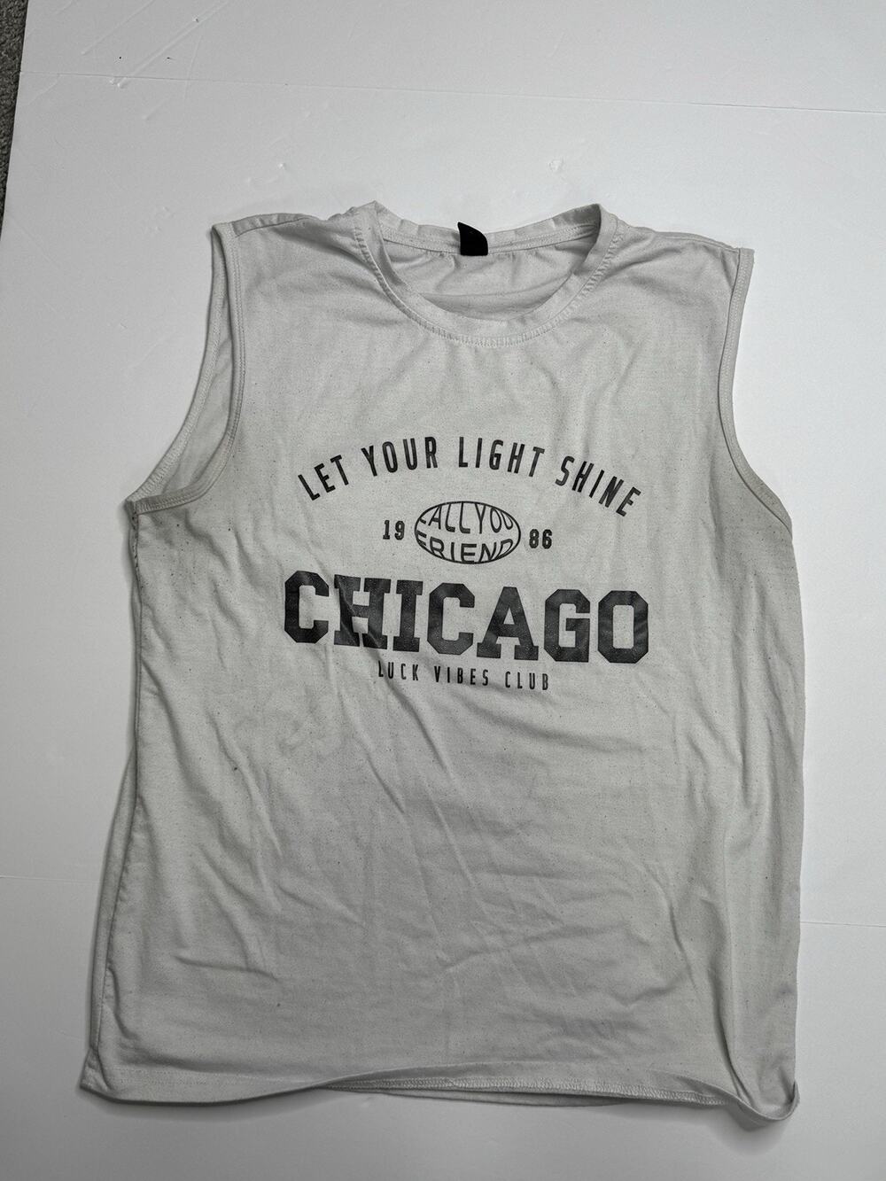 ROMWE Chicago Tank Top Mens M White Sleeveless Graphic Let Your Light Shine